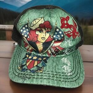 VTG Ed Hardy Hat born‎ free PIN UP Girl adjustable Green trucker Snap Back Y2k